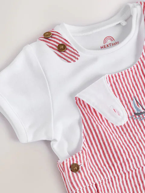 Red Stripe Woven Dungaree and Bodysuit Set