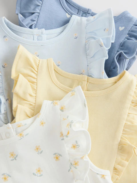 Blue and White Floral Printed Baby Rompers 4 Pack