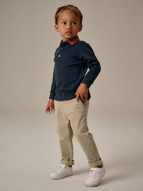 Navy Blue Tartan Collar Long Sleeve Cotton Polo Shirt