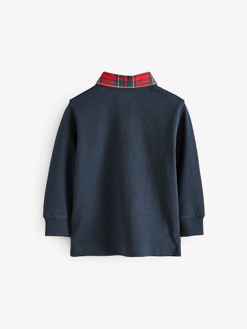 Navy Blue Tartan Collar Long Sleeve Cotton Polo Shirt