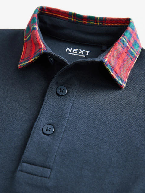 Navy Blue Tartan Collar Long Sleeve Cotton Polo Shirt