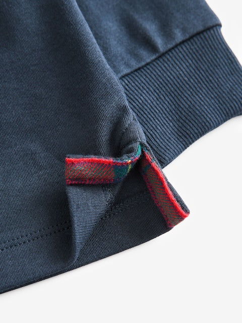 Navy Blue Tartan Collar Long Sleeve Cotton Polo Shirt