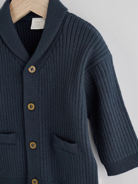 Navy Blue Baby Rib Shawl Knitted Cardigan