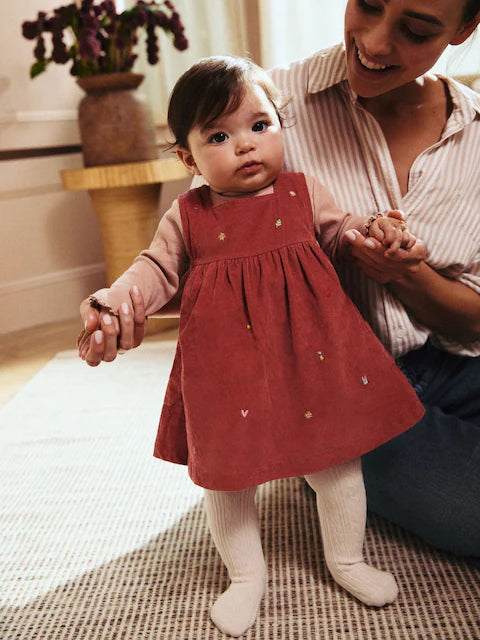 Rust Brown Embroidered Baby Corduroy Pinafore Dress With Tights