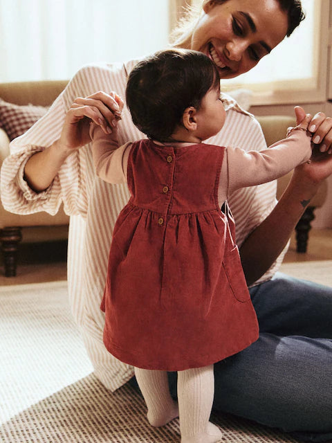 Rust Brown Embroidered Baby Corduroy Pinafore Dress With Tights