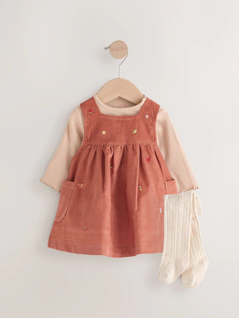 Rust Brown Embroidered Baby Corduroy Pinafore Dress With Tights