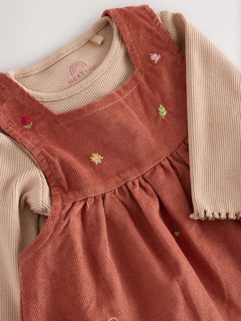 Rust Brown Embroidered Baby Corduroy Pinafore Dress With Tights