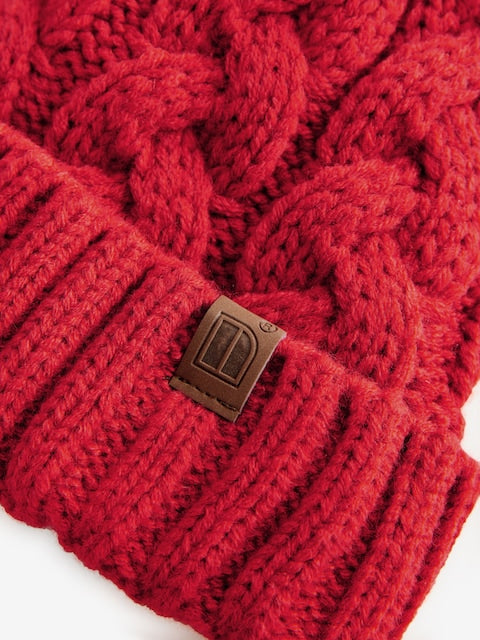 Red Cable Knit Pom Hat