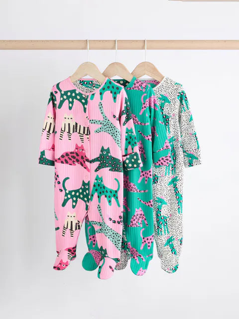 Pink/Green Popper Sleepsuits 3 Pack