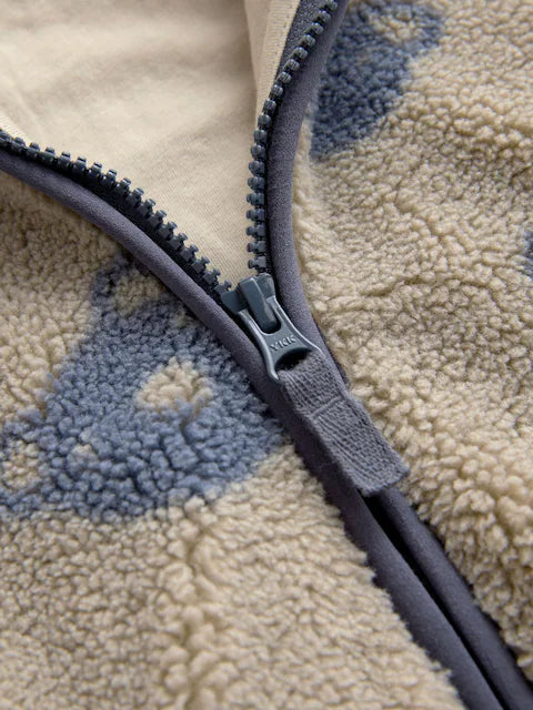Cream And Grey Bear Patterned Fleece Zip Through Hooded Jacket