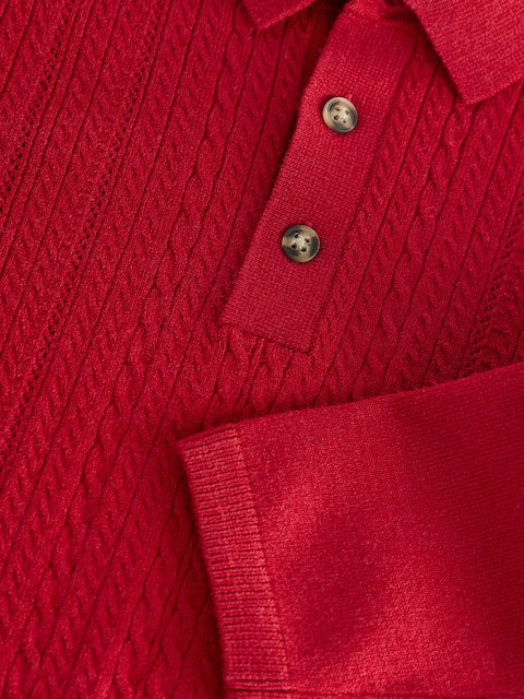 Red Long Sleeve Cable Polo Shirt
