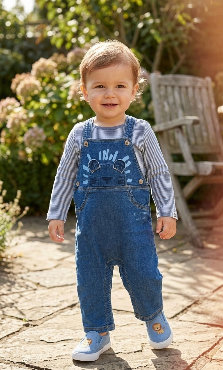 Lion Denim Dungarees & Stripe Bodysuit set