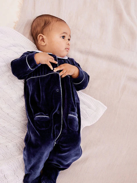 Navy Blue Baby Velour Collared Sleepsuit