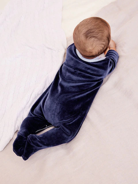 Navy Blue Baby Velour Collared Sleepsuit