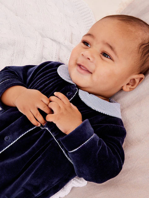Navy Blue Baby Velour Collared Sleepsuit