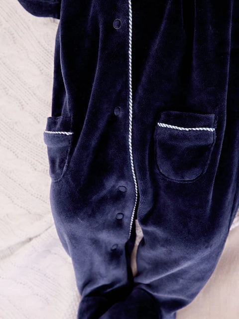 Navy Blue Baby Velour Collared Sleepsuit