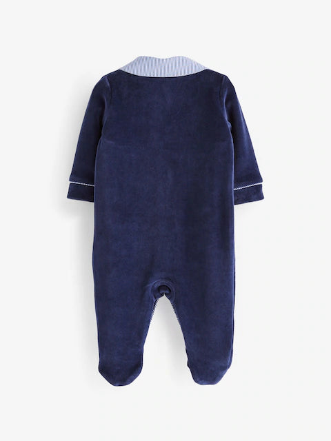 Navy Blue Baby Velour Collared Sleepsuit