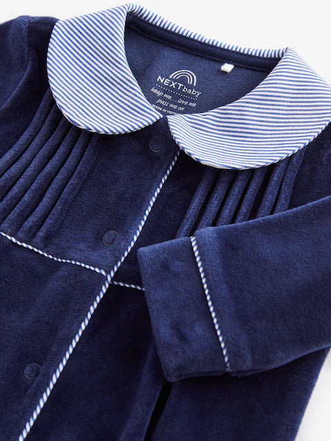 Navy Blue Baby Velour Collared Sleepsuit