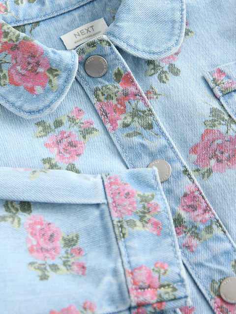 Blue Denim 100% Cotton Printed Shacket and Shorts Set