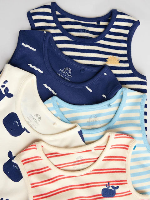 Blue/Red Stripe Nautical Baby Vest Bodysuits 5 Pack