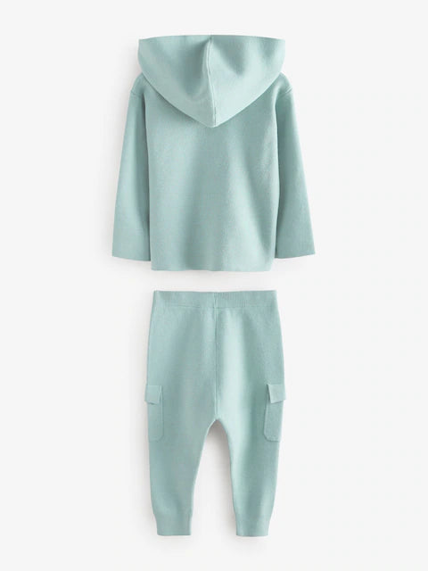 Blue Knitted Zip Neck Utility Hoodie and Joggers Set