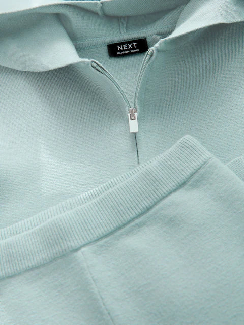 Blue Knitted Zip Neck Utility Hoodie and Joggers Set
