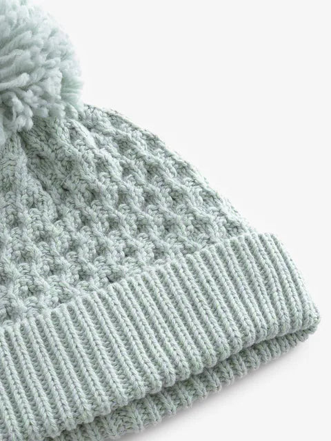 Mint Green Knitted Pom Waffle Baby Hat