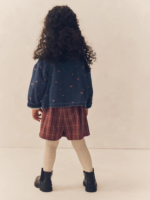 Red Denim Shirt and Check Skirt Set