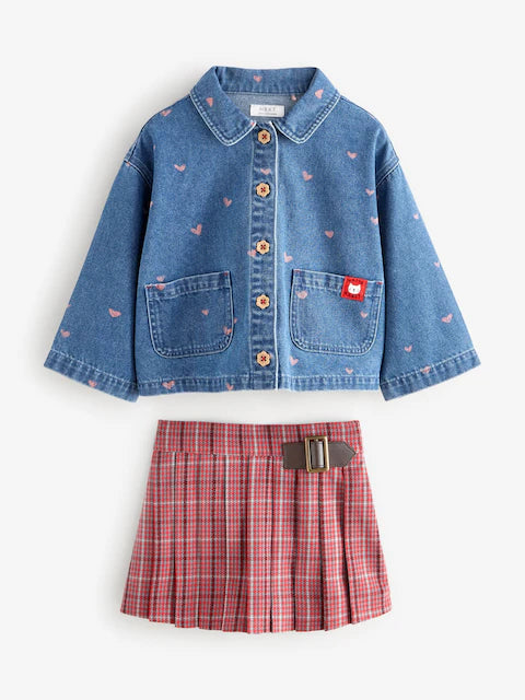 Red Denim Shirt and Check Skirt Set