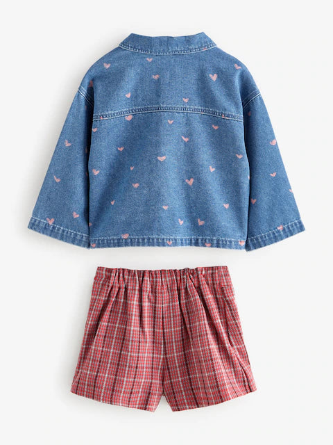 Red Denim Shirt and Check Skirt Set