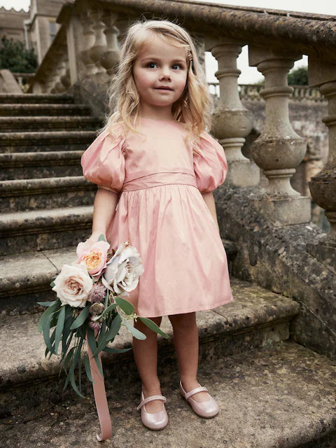 Pink Girl Taffeta Flower Print Bow Dress