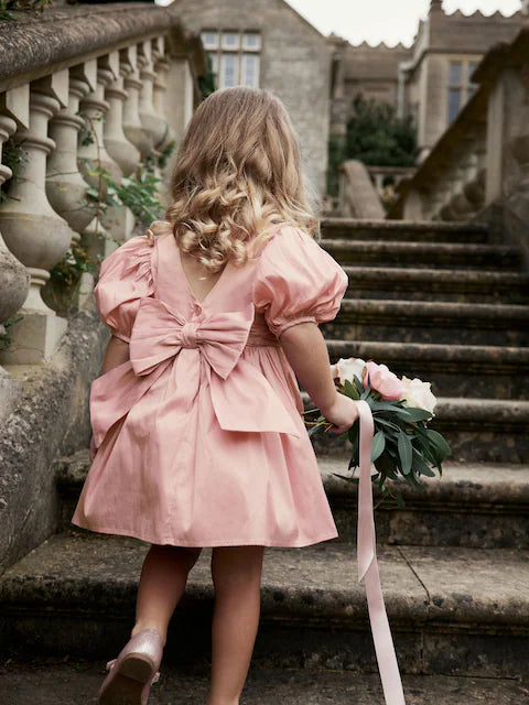 Pink Girl Taffeta Flower Print Bow Dress