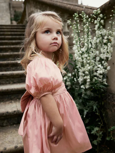 Pink Girl Taffeta Flower Print Bow Dress