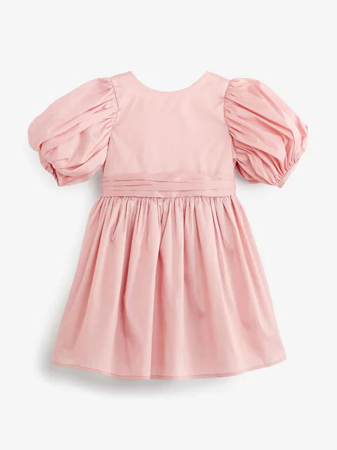 Pink Girl Taffeta Flower Print Bow Dress