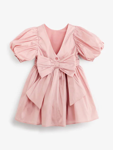 Pink Girl Taffeta Flower Print Bow Dress