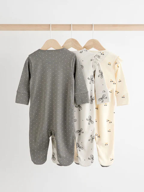 Grey Bow Baby Sleepsuits 3 Pack