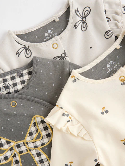 Grey Bow Baby Sleepsuits 3 Pack