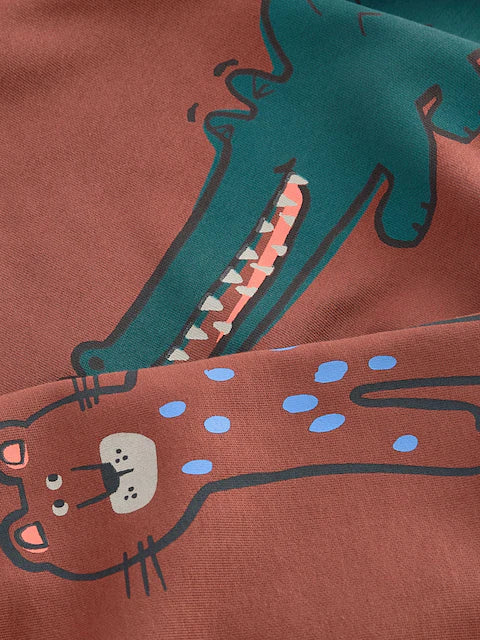 Rust Brown Safari Animals Oversized Printed Sweatshirt and Joggers Set