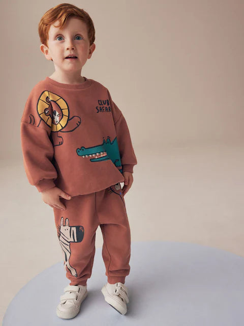 Rust Brown Safari Animals Oversized Printed Sweatshirt and Joggers Set