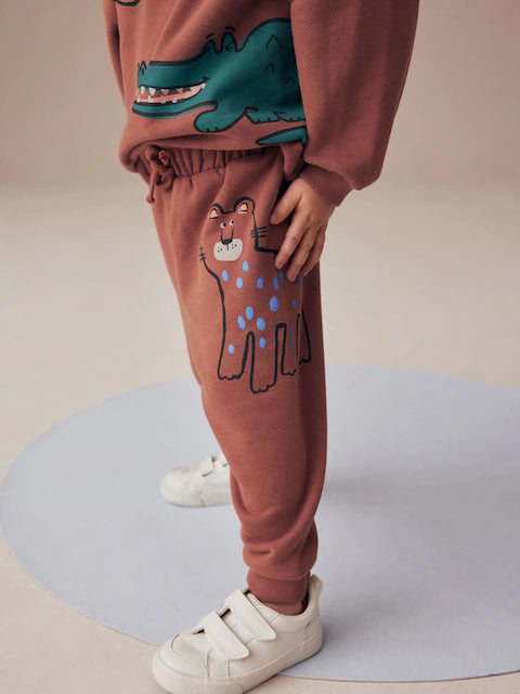 Rust Brown Safari Animals Oversized Printed Sweatshirt and Joggers Set