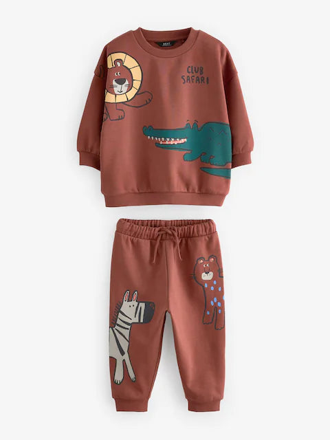 Rust Brown Safari Animals Oversized Printed Sweatshirt and Joggers Set