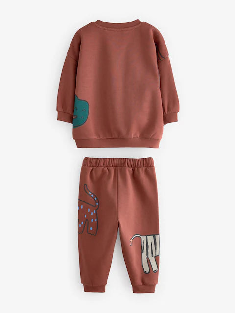 Rust Brown Safari Animals Oversized Printed Sweatshirt and Joggers Set