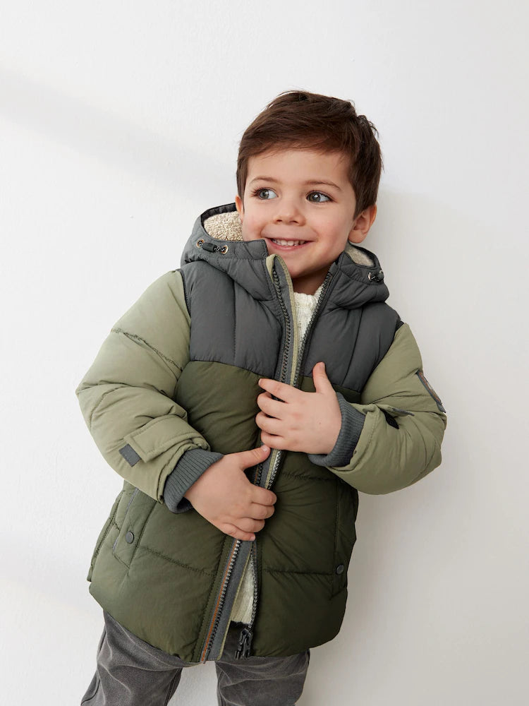 Green Colourblock Borg Fleece Lined Hooded Padded Coat