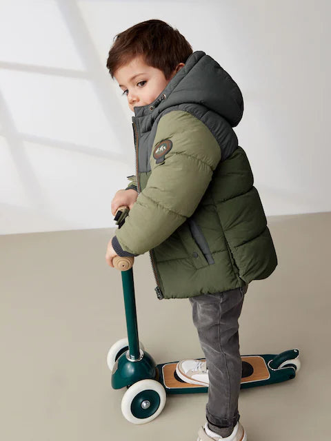 Green Colourblock Borg Fleece Lined Hooded Padded Coat