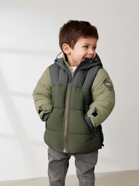 Green Colourblock Borg Fleece Lined Hooded Padded Coat
