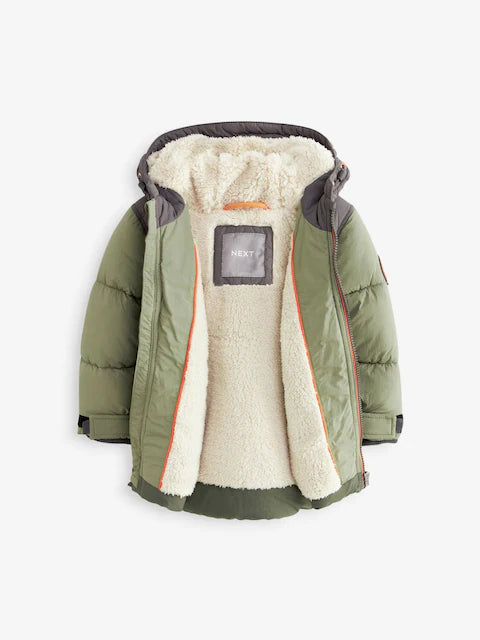 Green Colourblock Borg Fleece Lined Hooded Padded Coat