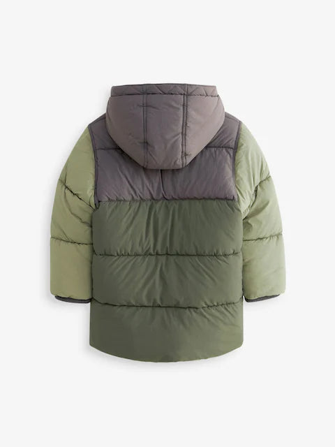 Green Colourblock Borg Fleece Lined Hooded Padded Coat