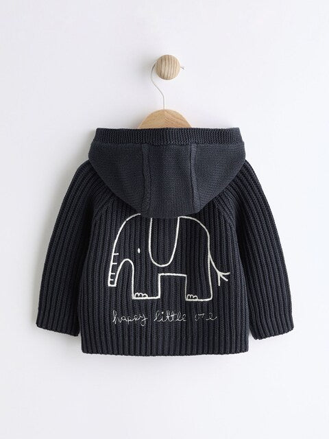 Navy Elephant Embroidered Knitted Cardigan