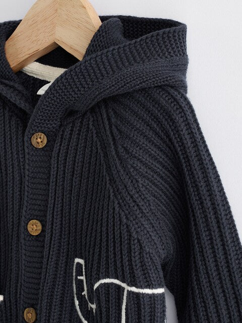 Navy Elephant Embroidered Knitted Cardigan