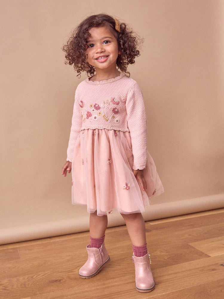Pink 2-in-1 Occasion Long Sleeve Knitted Jumper Dress